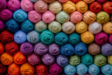 Background with stack of colorful balls of yarn in green, purple, pink, violet, and aqua - 764693641