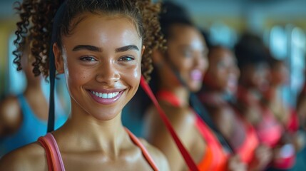 A group of happy diverse beautiful woman models using a resistance band and weight in a brightly lit fitness center