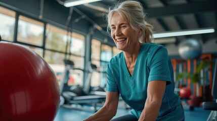 A happy physical therapist guiding a happy senior woman through rehabilitation exercises in a well-equipped gym - obrazy, fototapety, plakaty