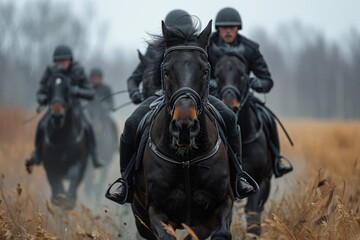 A captivating image showing a line of horses and riders in uniform, galloping in a golden field, exuding strength and coordination
