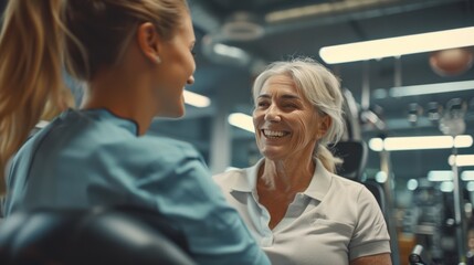 A happy physical therapist guiding a happy senior woman through rehabilitation exercises in a well-equipped gym