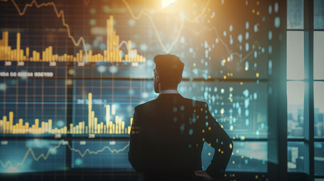 Marketing Hintergrundbild f&uuml;r Banken zur Anlageberatung Hintergrund Personen im Beratungsgespr&auml;ch f&uuml;r Verm&ouml;gensberatung mit Statistik B&ouml;rsenchart am Computer Analagestrategie entwickeln Generative AI