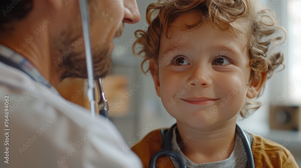 Wall mural a kind happy doctor examining using a stethoscope, listening attentively to a young child with a gen