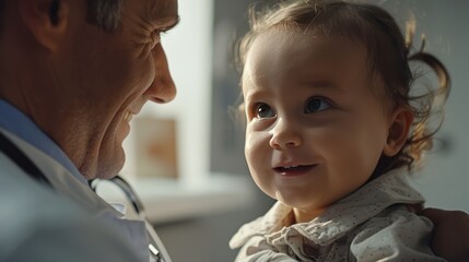A kind happy doctor examining a young child with a gentle touch