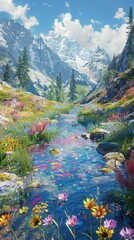 Artistic view of wildflowers, colorful river, and mountain, picturesque 3DCG
