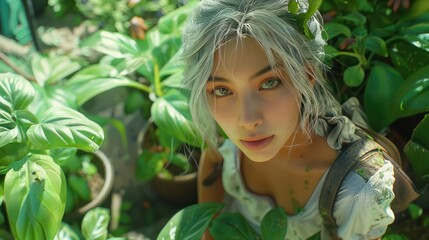 A portrait of woman gardening in her lush green rooftop oasis