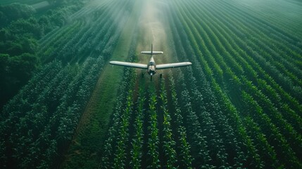 Aerial view of a propeller plane, flying low, spraying agricultural fertilizer Above the lush corn fields