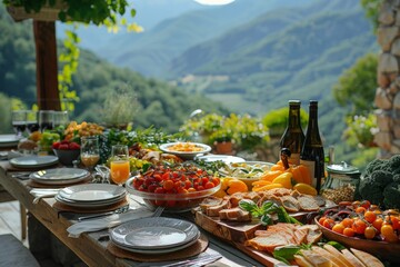 A sumptuous spread of foods and drinks laid out on a table with a stunning mountainous backdrop, evoking a sense of abundance and leisure