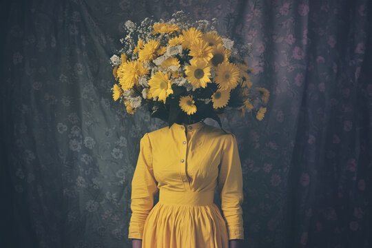 Faceless woman in Yellow Dress Holding Yellow Flowers