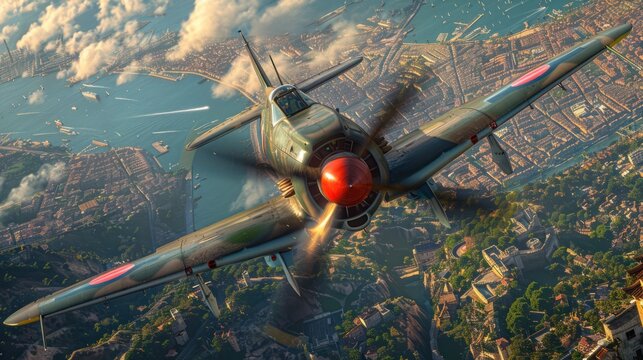 A World War II fighter plane is flying over a WWII city