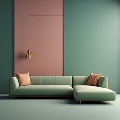 Olive l shaped couch isolated on blue wallpaper, in the style of light pink and light green