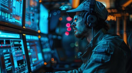 An Engineer man, wearing a hat and headphones, sits in front of a multimedia display device in a control room with an electric blue ambiance - obrazy, fototapety, plakaty