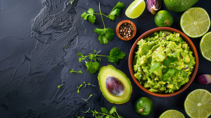 Top view of fresh homemade guacamole with ingredients, suitable for culinary themes and holiday recipes.