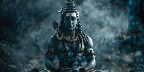 Depiction of Lord Shiva: The Mighty Hindu Deity of Destruction. Concept Hindu mythology, Shiva's attributes, symbolism of Shiva, legends of Shiva, temples dedicated to Shiva - obrazy, fototapety, plakaty