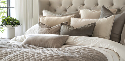 A closeup of the elegant bed with luxurious satin quilted bedding, surrounded by plush pillows in various shades of grey and beige, creating an inviting atmosphere for restful sleep.