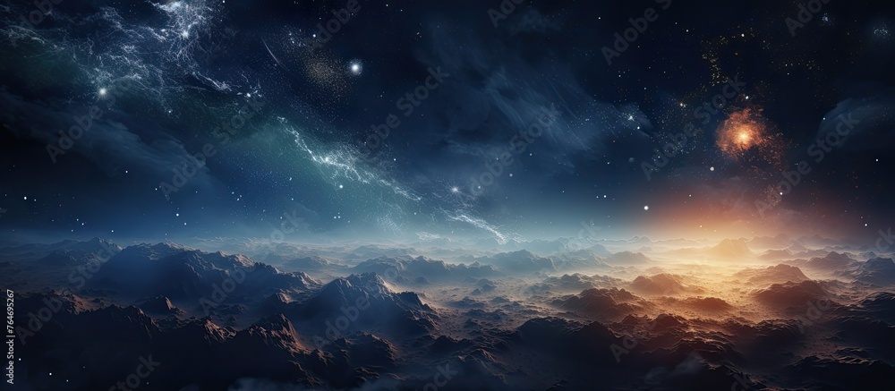 Poster An expansive view capturing the essence of the sky with swirling clouds and distant stars visible in the distance