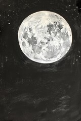 the moon in vivid white chalk style, grey night sky bright star filled sky, simple classic art work
