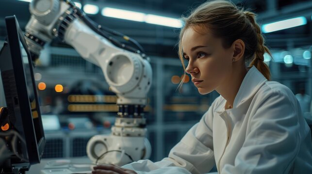 Engineer women use computer PC advanced robotic software to control an industry robot arm in the factory