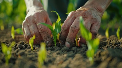Farmer's hands planting corns seedling in potting soil
