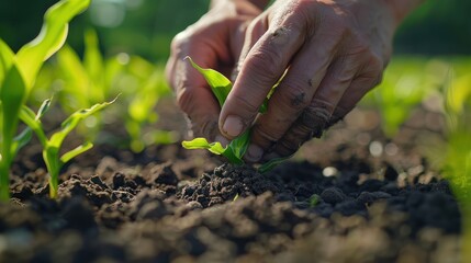 Fototapeta premium Farmer's hands planting corns seedling in potting soil