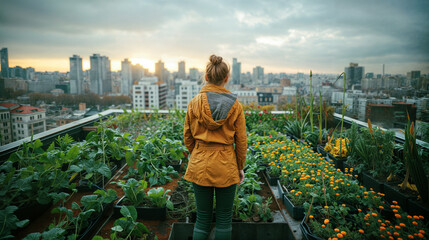 woman standing in a rooftop garden of a high-rise, urban gardening concept