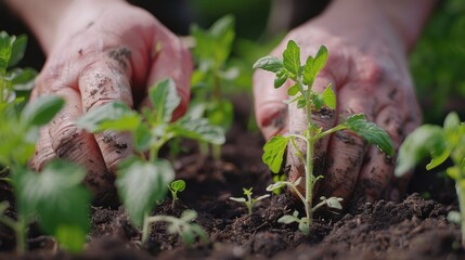 Farmer's hands planting tomato seedlings on the ground