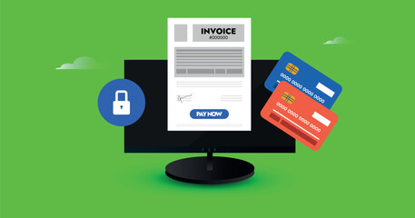 Secure Online Payment and Invoice Illustration for E-commerce Transactions with computer monitor displaying an invoice with a Pay Now button, accompanied by credit cards and a security lock icon