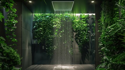 Interior design of modern bathroom shower featuring ceiling-mounted rain shower head in with lush greenery