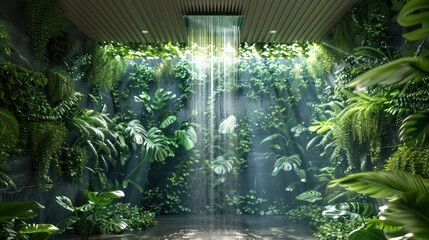 Interior design of modern bathroom shower featuring ceiling-mounted rain shower head in with lush greenery