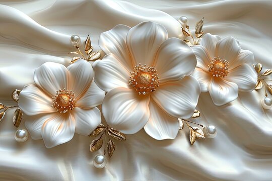 3D wallpaper featuring a satin texture background, pearl, and golden leaves.
