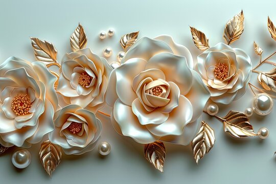 3D wallpaper featuring a satin texture background, pearl, and golden leaves.