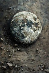 oil painting of Moon made of dirt lying on the ground 