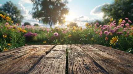 The empty wooden brown table top with a background of a flower nature landscape