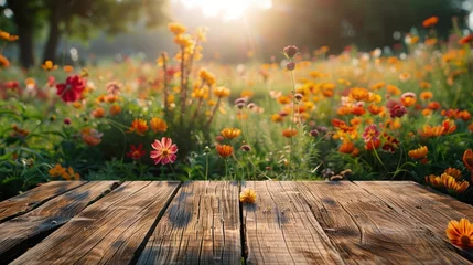 Tuinposter The empty wooden brown table top with a background of a flower nature landscape © Attasit