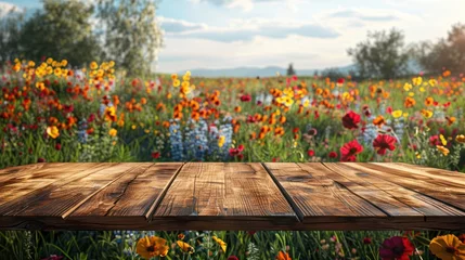 Türaufkleber The empty wooden brown table top with a background of a flower nature landscape © Attasit