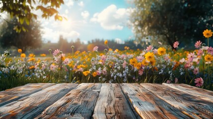 Naklejka na ściany i meble The empty wooden brown table top with a background of a flower nature landscape