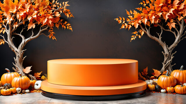 Orange Halloween Display Background, product platform scene display, Background orange autumn podium 3D render scary party spooky fall, happy Halloween mock up abstract studio pedestal, ad, podium