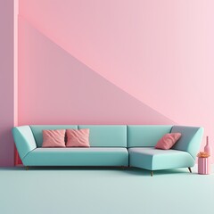Pink l shaped couch isolated on blue wallpaper, in the style of light pink and light green