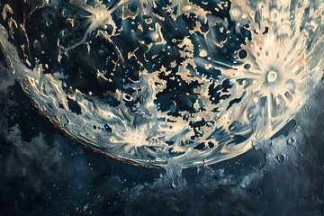 oil painting of moon, detailed, craters on black background 