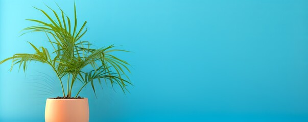 Potted plant on table in front of azure wall, in the style of minimalist backgrounds, exotic