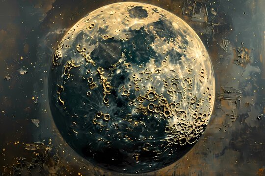 oil painting of moon, detailed, craters on black background 