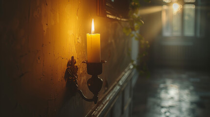 A candle is lit in a room with a wall and a window