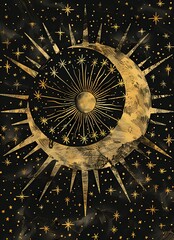 simple artists rendition of moon phases with iridescent beams - style full colors dark, on black canvas