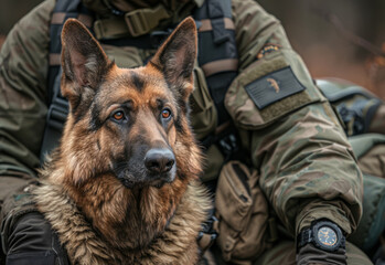 Fotografia german shepherd military working dog sitting on the knee of soldier