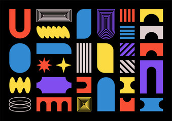 Abstract shapes, basic brutal forms and retro figures in Y2K aesthetics, vintage stickers, logos and labels. Decorative design element set, vector illustration.