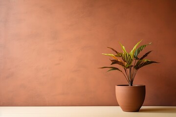 Potted plant on table in front of brown wall, in the style of minimalist backgrounds, exotic