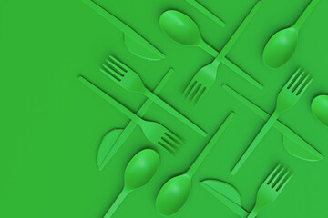 Set of disposable utensils like plate, folk, spoon,knife, cup and pepper mill