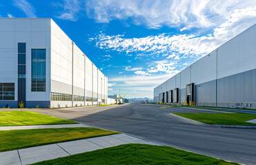 Obraz premium Exterior of modern warehouse building with empty street
