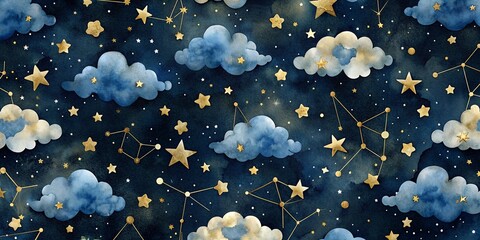 Seamless Pattern of the Night Sky with Gold Foil