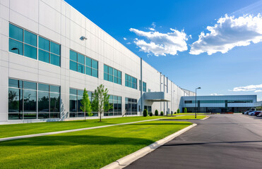 Exterior of modern warehouse with blue sky